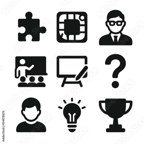 Student Engagement Icons. Solid, filled icons set of student engagement tools: puzzle piece, game board,