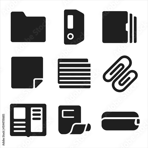 Student Organization Icons. Solid, filled icons set of student organization items: folder, binder, divider