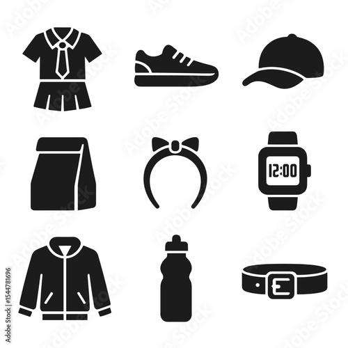 Student Icons Set. Solid, filled icons set of student outfits and accessories: school uniform, sneakers, cap,
