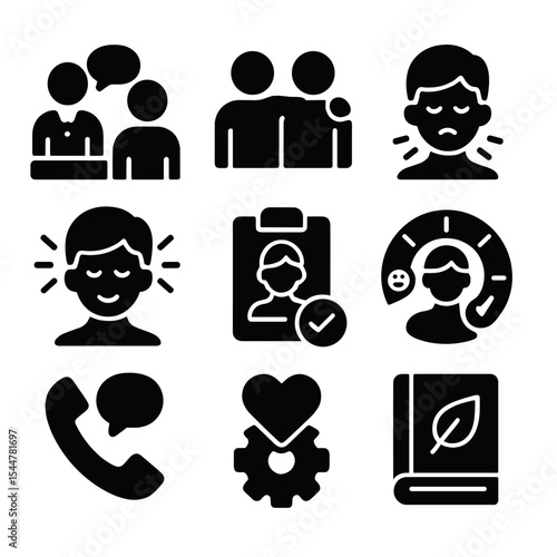 Student Support Icons. Solid, filled icons set of student wellness and support services: school counselor,