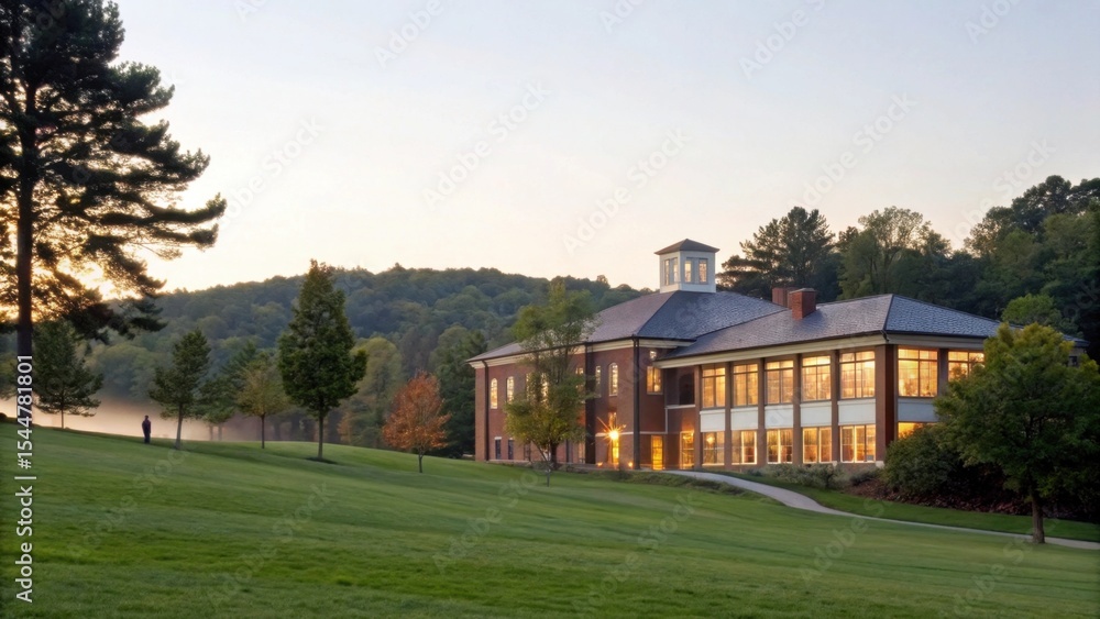 Obraz premium Elegant building surrounded by lush greenery and a misty landscape.