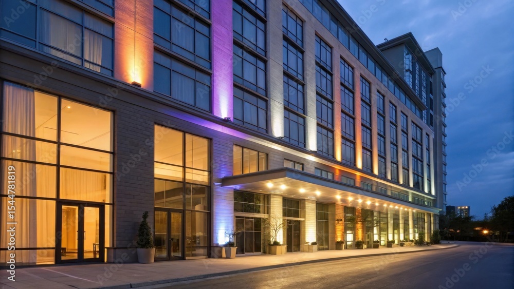 custom made wallpaper toronto digitalModern hotel exterior lit up at night with vibrant colors.