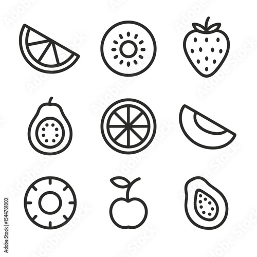 Vitamin C Fruit Icons. Outline icon set of vitamin C fruits: orange wedge, kiwi slice, strawberry, guava, papaya chunk, grapefruit