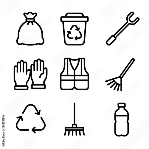 Volunteer Cleanup Icons. Outline icon set of volunteer cleanup drives: trash bag, recycling bin, litter picker, gloves, safety