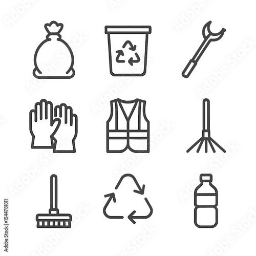 Volunteer Cleanup Icons. Outline icon set of volunteer cleanup drives: trash bag, recycling bin, litter picker, gloves, safety