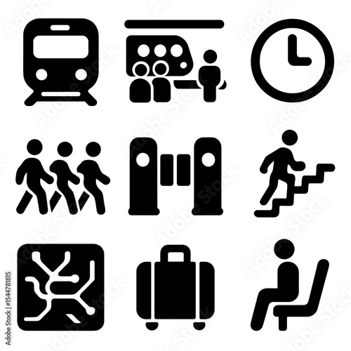 Subway Icons Grid. Solid, filled icons set of a busy subway station with commuters: subway train, platform, people icon, clock icon, ticket gate, stairs icon, subway map, luggage icon, waiting icon.