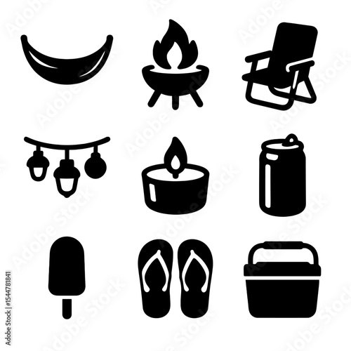 Summer Backyard Icons. Solid, filled icons set of summer backyard fun: hammock, fire pit, lawn chair, garden