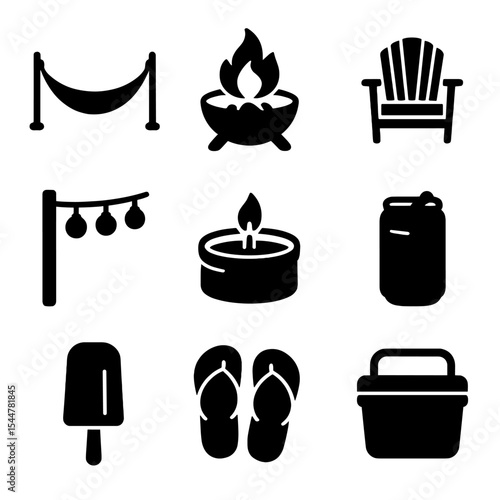 Summer Backyard Icons. Solid, filled icons set of summer backyard fun: hammock, fire pit, lawn chair, garden