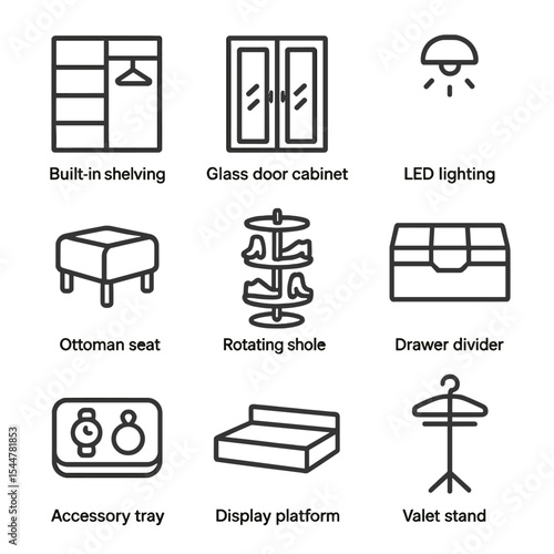 Walk-in Closet Icons. Outline icon set of walk-in closet features: built-in shelving, glass door cabinet, LED lighting, ottoman