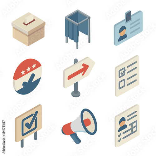 Voting Rights Icons. Isometric Flat icon set of voting rights advocacy: ballot box, voting booth, voter ID card, “I Voted” sticker