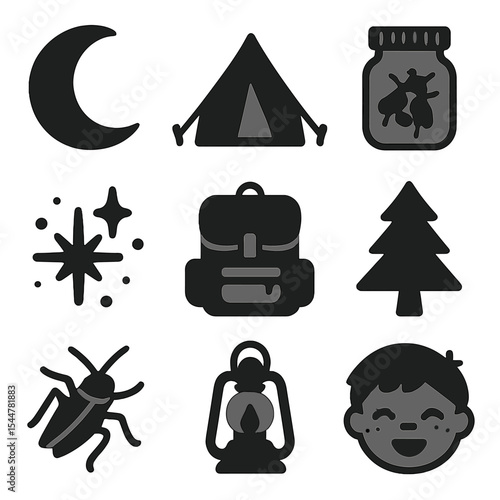 Summer Night Icons. Solid, filled icons set of summer night adventures: moon icon, camping tent, insect jar,