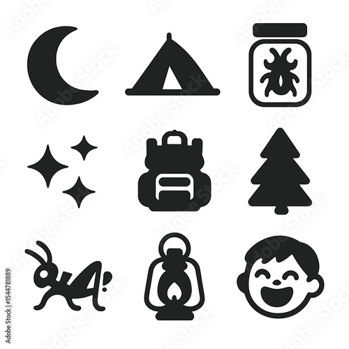 Summer Night Icons. Solid, filled icons set of summer night adventures: moon icon, camping tent, insect jar,