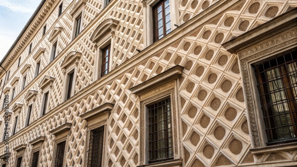 Obraz premium Intricate patterned facade of a historic building in urban setting.