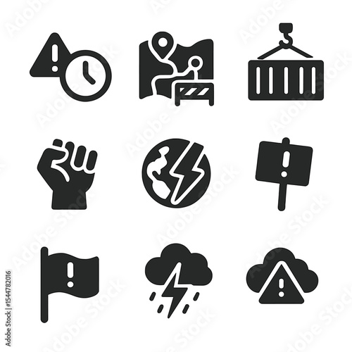 Supply Chain Icon Grid. Solid, filled icons set of supply chain risk and disruption: delay alert, blocked