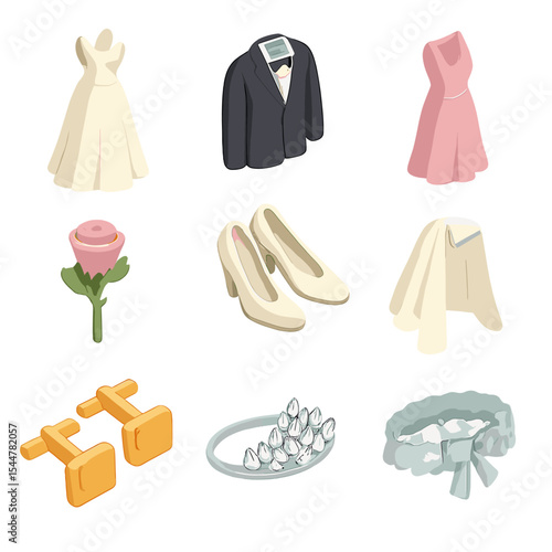 Wedding Attire Icons. Isometric Flat icon set of wedding attire and accessories: bridal gown, groom’s tuxedo, bridesmaid dress,