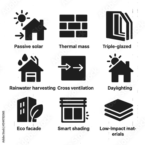 Sustainable Architecture Icons. Solid, filled icons set of sustainable architecture features: passive solar