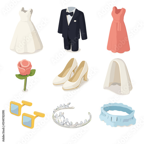 Wedding Attire Icons. Isometric Flat icon set of wedding attire and accessories: bridal gown, groom’s tuxedo, bridesmaid dress,