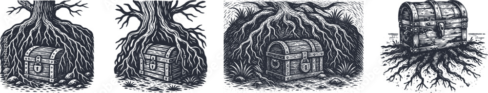 Set of black woodcut engraving designs featuring hidden treasure chest under tree roots with brush grain texture, vintage style postal stamp card illustration collection