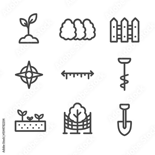 Windbreak Icon Set. Outline icon set of windbreak and shelterbelt design: tree sapling, hedge row, fence line, wind rose, spacing