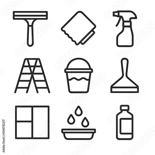 Window Cleaning Tools. Outline icon set of window cleaning scene: window squeegee, microfiber cloth, spray bottle, ladder, bucket