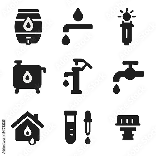 Sustainable Water Icons Set. Solid, filled icons set of sustainable water systems: rain barrel, gravity-fed