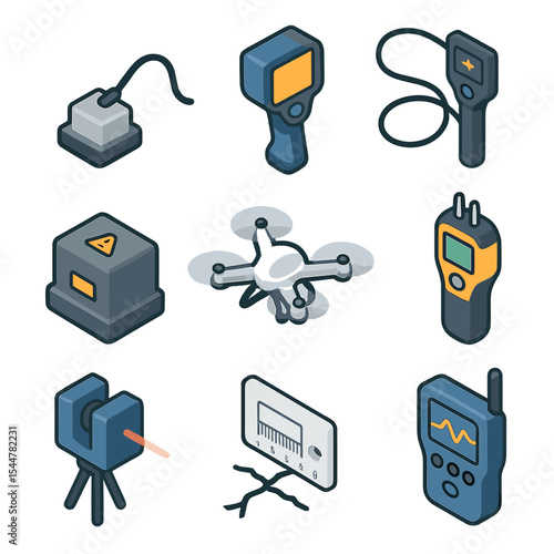 Wind Turbine Inspection Icons. Isometric Flat icon set of wind turbine blade inspection tools: ultrasonic probe, thermographic
