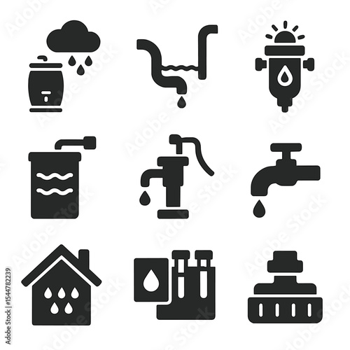 Sustainable Water Icons Set. Solid, filled icons set of sustainable water systems: rain barrel, gravity-fed