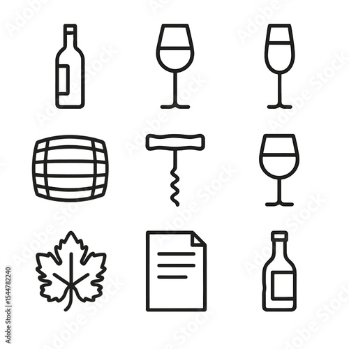 Wine Icon Set. Outline icon set of wine list menu: red wine bottle, white wine glass, champagne flute, wine barrel, corkscrew,
