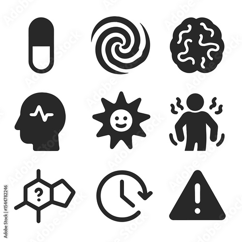 Synthetic Drug Impact Icons. Solid, filled icons set of synthetic drug impact: pill capsule, hallucination