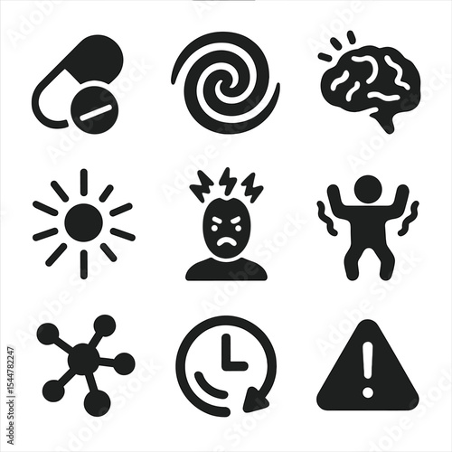 Synthetic Drug Impact Icons. Solid, filled icons set of synthetic drug impact: pill capsule, hallucination