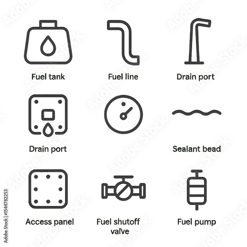 Wing Fuel Icons. Outline icon set of wing fuel and systems: fuel tank, fuel line, vent mast, drain port, fuel gauge sender,