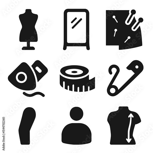 Tailoring Icon Set. Solid, filled icons set of tailoring and fitting session: model stand, fitting mirror,