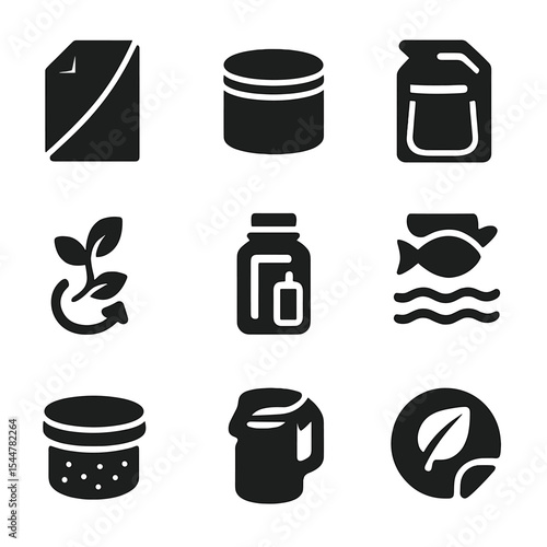 Sustainable Packaging Icons. Solid, filled icons set of sustainable packaging alternatives: paper wrap, tin