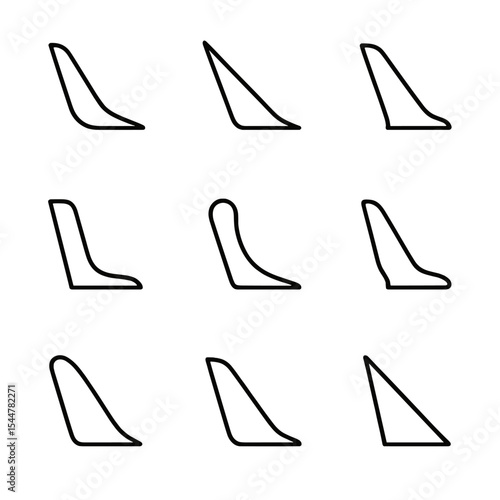 Wingtip Device Icons. Outline icon set of wingtip devices: blended winglet, raked tip, sharklet, tip fence, spiroid tip, Hoerner