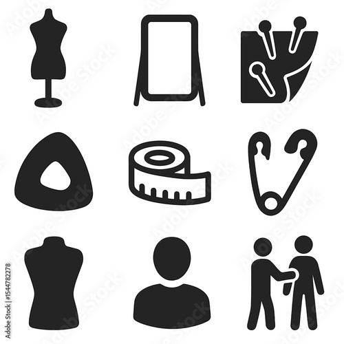 Tailoring Icon Set. Solid, filled icons set of tailoring and fitting session: model stand, fitting mirror,