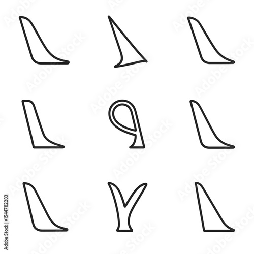 Wingtip Device Icons. Outline icon set of wingtip devices: blended winglet, raked tip, sharklet, tip fence, spiroid tip, Hoerner