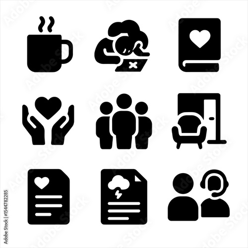 Teacher Well-being Icons. Solid, filled icons set of teacher mental health and well-being: coffee mug, grading