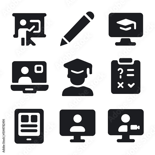 Technology Education Icons. Solid, filled icons set of technology-driven education: interactive whiteboard,
