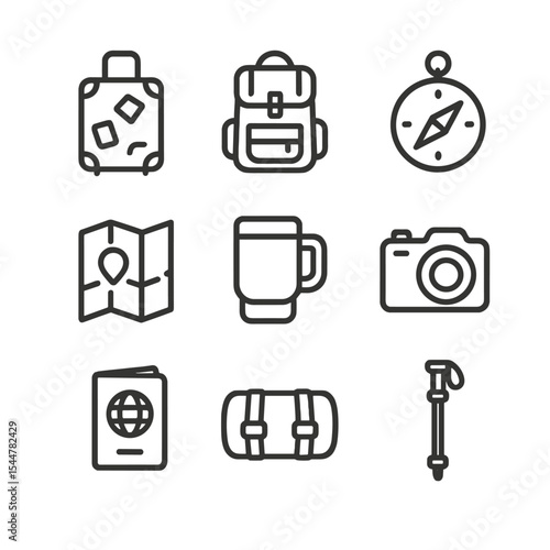 Winter Travel Essentials Icons. Outline icon set of winter travel essentials: suitcase with stickers, backpack, compass, map,