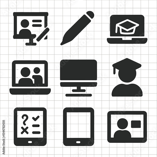 Technology Education Icons. Solid, filled icons set of technology-driven education: interactive whiteboard,
