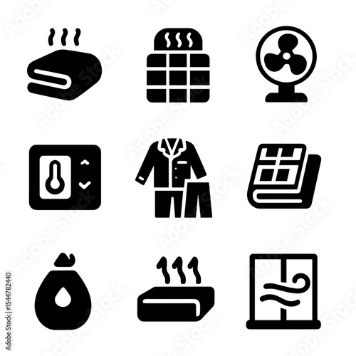 Temperature Control Icons. Solid, filled icons set of temperature control: cozy blanket, warm comforter,