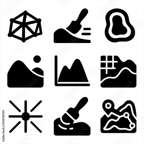Terrain Modeling Icons. Solid, filled icons set of terrain smoothing in 3D modeling: landscape mesh, smooth