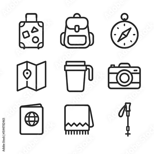 Winter Travel Essentials Icons. Outline icon set of winter travel essentials: suitcase with stickers, backpack, compass, map,