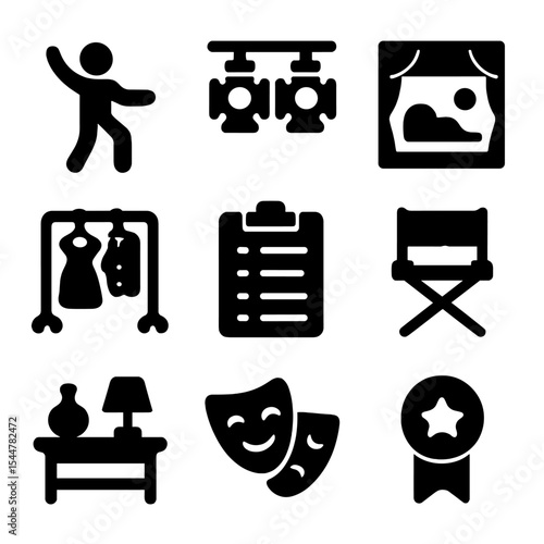 Theater Icon Set. Solid, filled icons set of theatrical stage performance: actor pose, stage lights, scene set