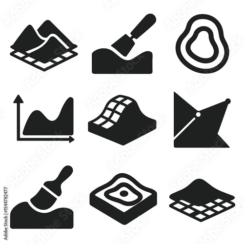 Terrain Modeling Icons. Solid, filled icons set of terrain smoothing in 3D modeling: landscape mesh, smooth