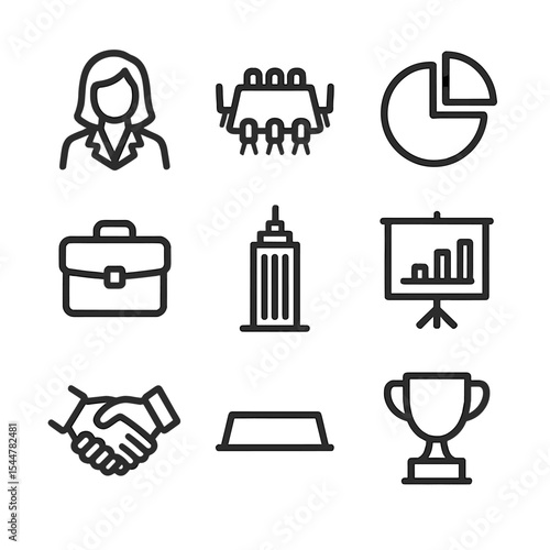 Women Leadership Icons. Outline icon set of women corporate leaders: female silhouette in suit, boardroom table, pie chart,