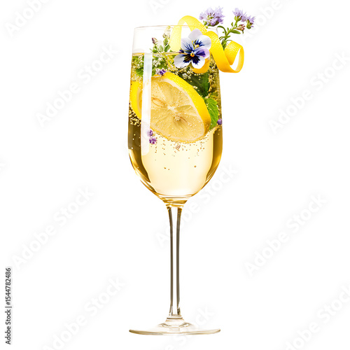 Elegant Champagne Glass Garnished with Lemon Slice and Edible Flowers