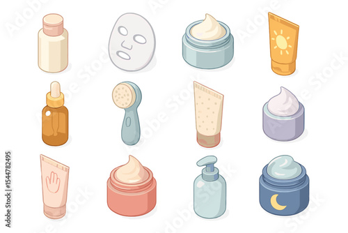 Skincare product collection with creams, masks, serums, and cleansers