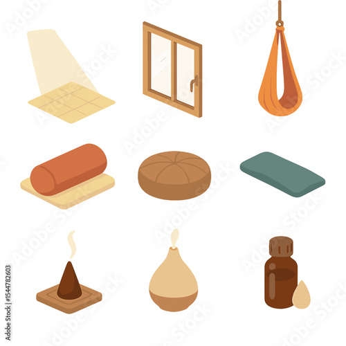 Yin Yoga Icon Set. Isometric Flat icon set of yin yoga in a sunlit room: sunbeam shaft, open window, silk hammock, bolster pillow,