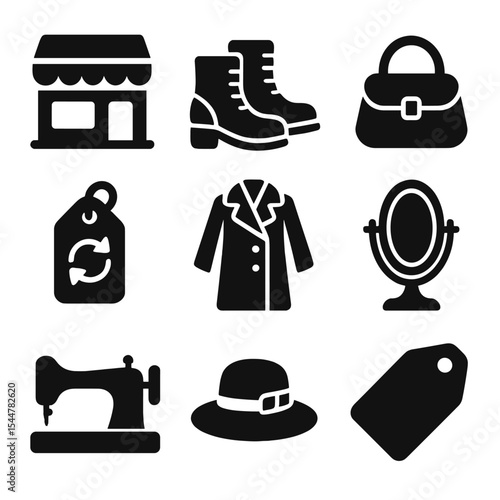 Thrifting Icon Set. Solid, filled icons set of thrifting and vintage fashion: thrift shop, vintage boots, retro handbag, secondhand coat, resale label, mirror, sewing machine, vintage hat, tag icon.